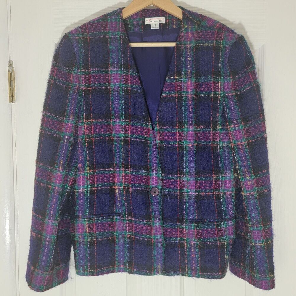 Vintage Talbots Wool Mohair Purple Plaid Jacket Size 12 Made In USA